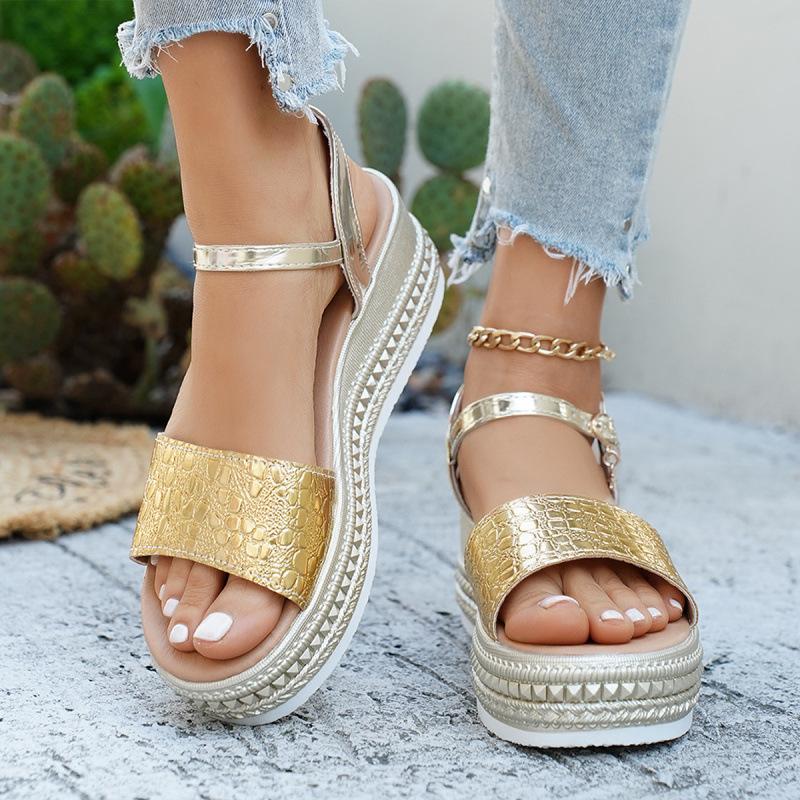 Schuhe für Damen 2026 Sommer Mode Damen Peep Toe Plateau Keilsandalen Riemchen mit Schnalle Übergröße Sandalen Gold Damen Schuhwerk