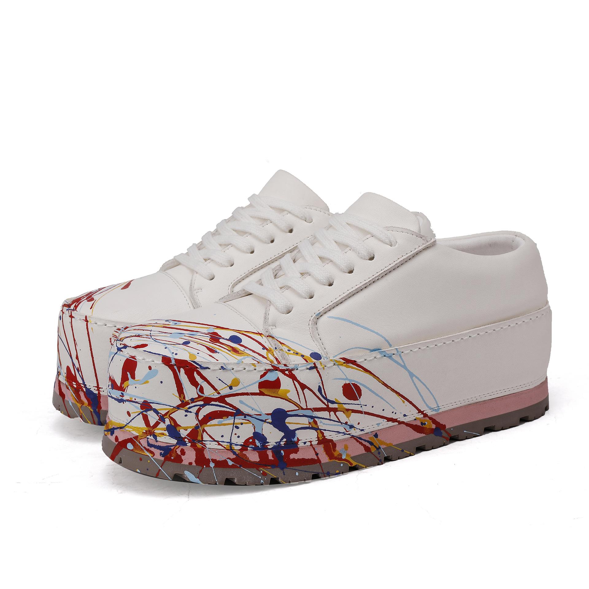 Johnature Hand-painted Lace Up Round Toe Thick Soled Shoes Fashionable Versatile Height Increasing Women s Shoes 34 белый 11630₽