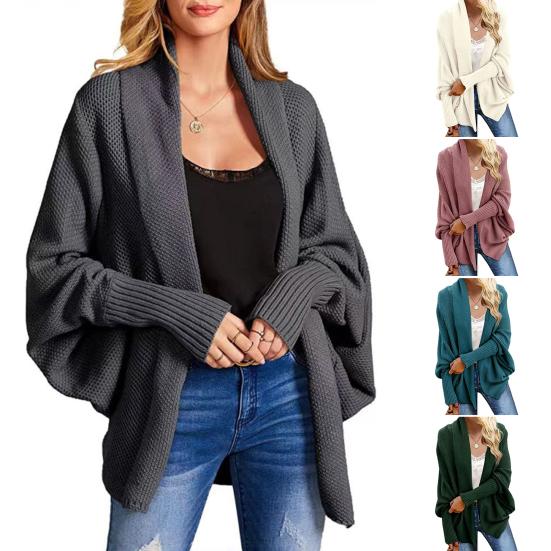 Women Cardigan Coat Collarless Batwing Long Sleeve Open Front Knitting Coat Elastic Cuffs Solid Color Loose Fit Knitted Cardigan