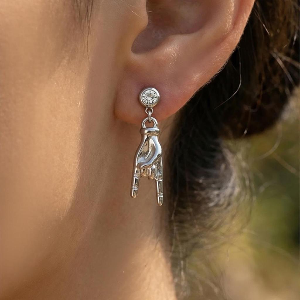 18k Gold-Plated Rock Hand Dangle Earrings with Inlaid Zirconia