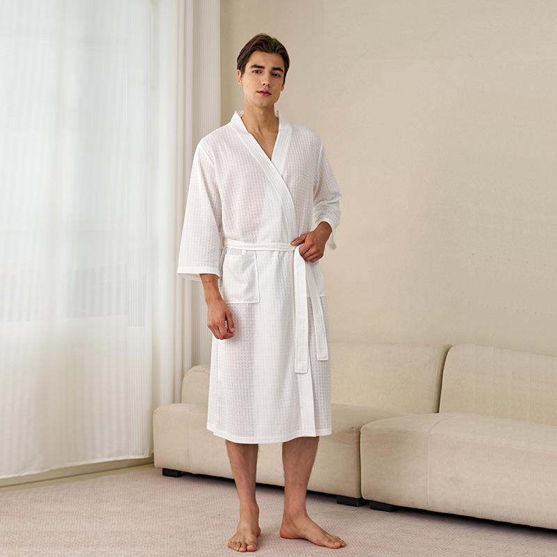 Women's Plus Size Quick-Dry Black Waffle Bathrobe with Three-Quarter Sleeves - Summer Thin