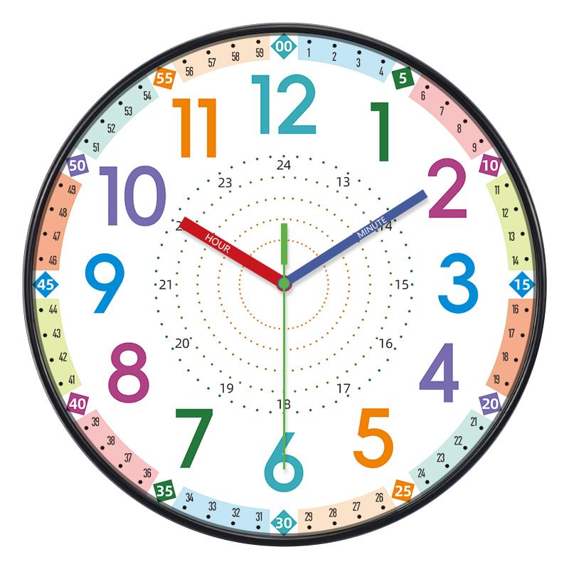 Kids Educational Wall Clock Color 12/24H Dial Non-Ticking Quartz Movement Wall Decor for School Classroom Kids Bedroom Playroom