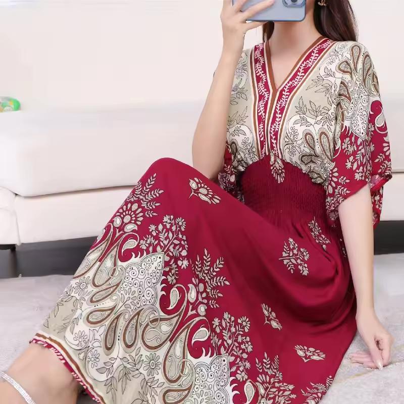 Women Summer Casual Elegant Retro Bohemian Style V-neck Elastic Waist Large Swing Printed Long Skirt Autumn Summer Dress
