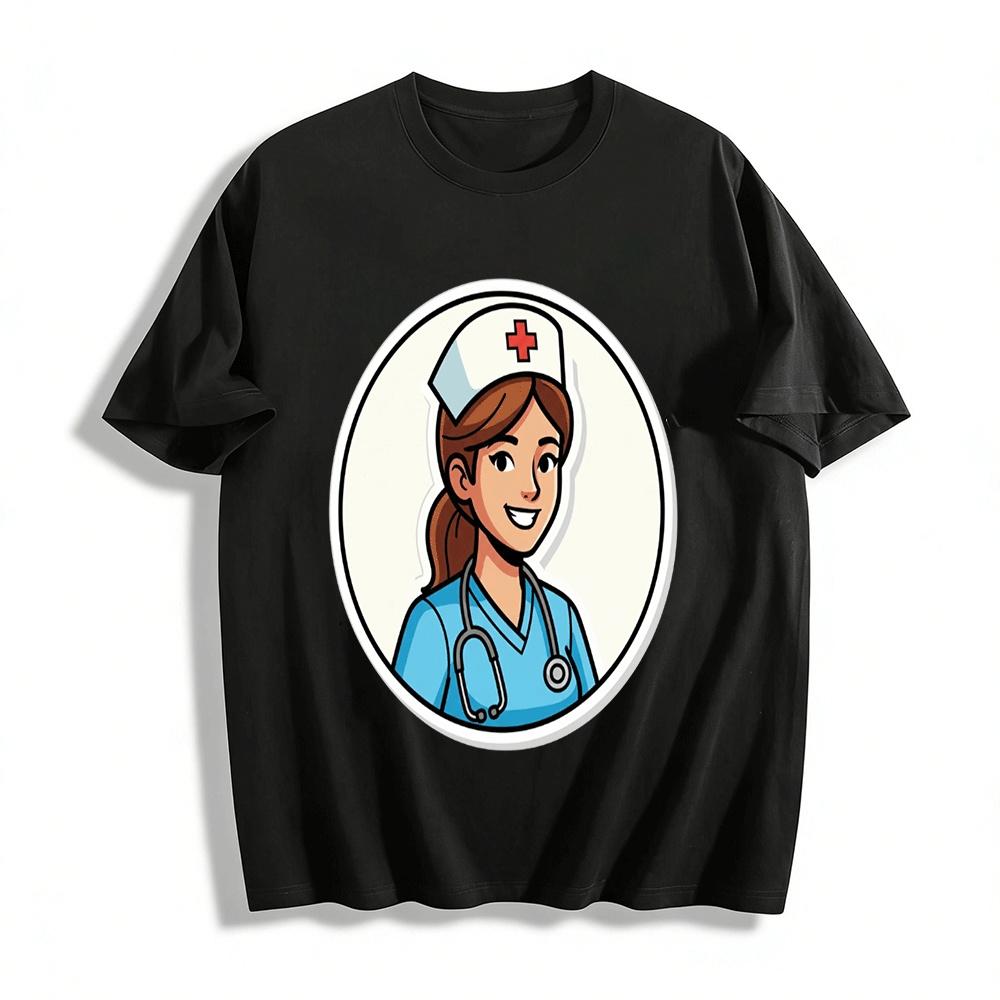 Smiling Nurse Print Casual Medical Themed Top Pure cotton T-shirt XXS
