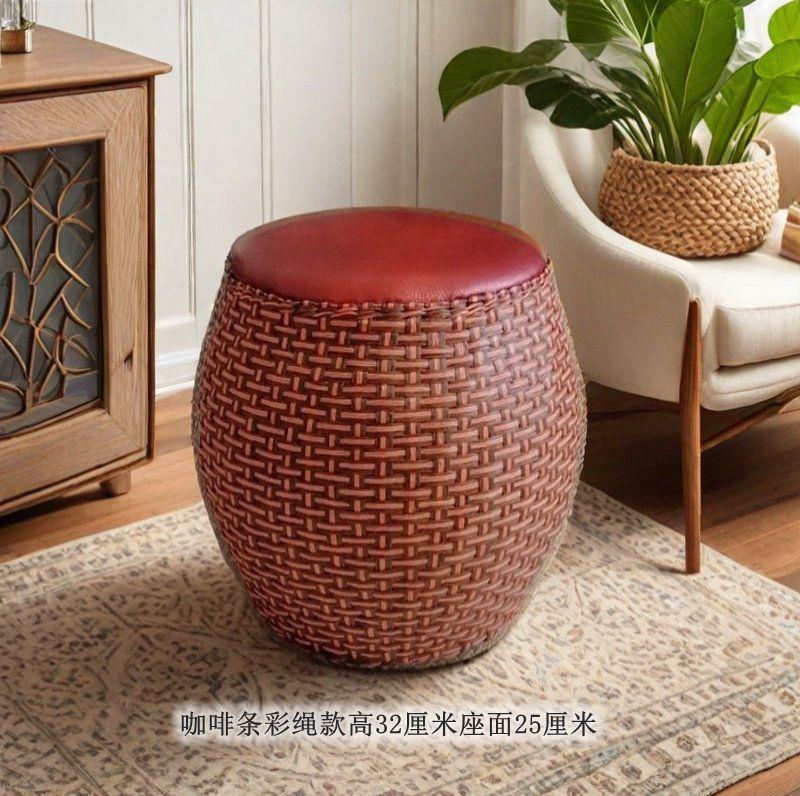 Round Rattan Ottoman Seat Cushion Handmade, Tatami Footstool, Tea Table Stool for Living Room, Low Height Chair
