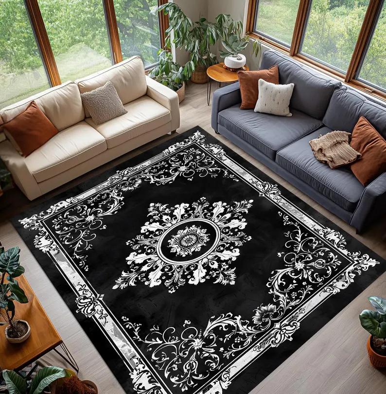 Luxury European Baroque Pattern Carpet Mat Rug Home Decor Vintage Floral Floor Area Rug Living Room Bedroom Elegant Dark Gold