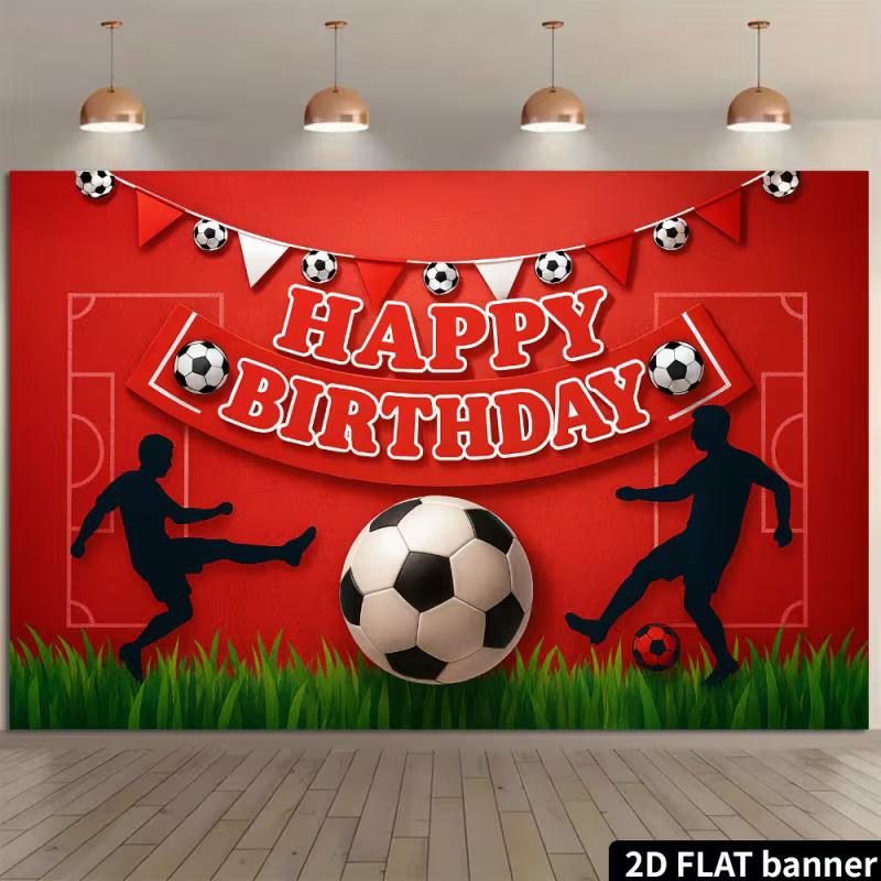 2D Soccer Party Backdrop - Red Grass Football Banner for Kids Sports Birthday Photoshoot