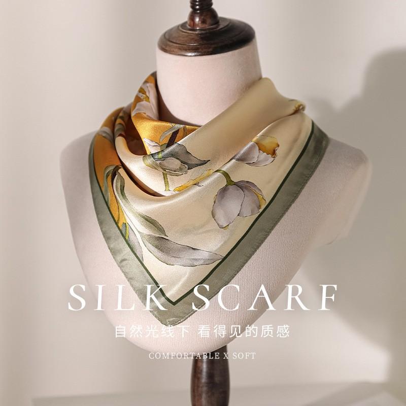 100% Pure Mulberry Silk Square Scarf Women Lightweight Wrap Floral Print Elegant Vintage Style