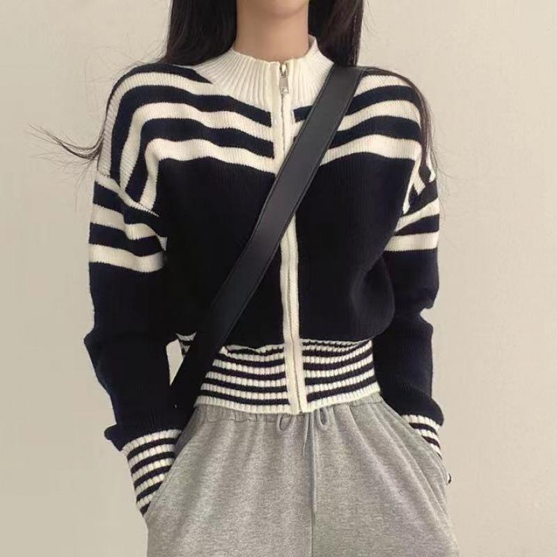 Premium striped waist short primer sweater women's autumn and winter lazy style loose semi-turtleneck knitted cardigan