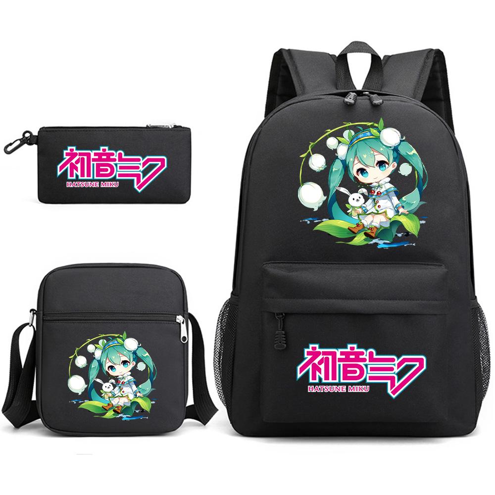 3Pcs/set Anime Cartoon Hatsune Miku Printed Backpack with Shoulder Bag Pencil Case for Teenager Student Boy Girl Large Capacity Waterproof Schoolbag