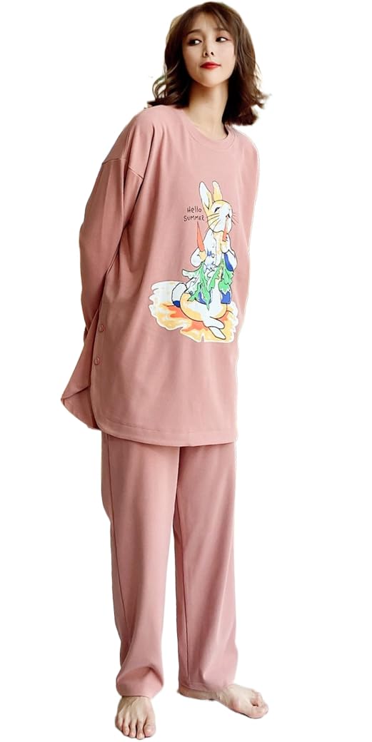 

TRTRO Пижама для дома с длинным рукавом, теплая и согревающая для осени и зимы, розовая с кроликом, женский комплект, (2XL, Принт, Миндальный)