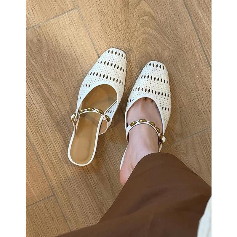 French thick heel temperament woven hollow one pedal bag head half slippers women s muller cool slippers 35