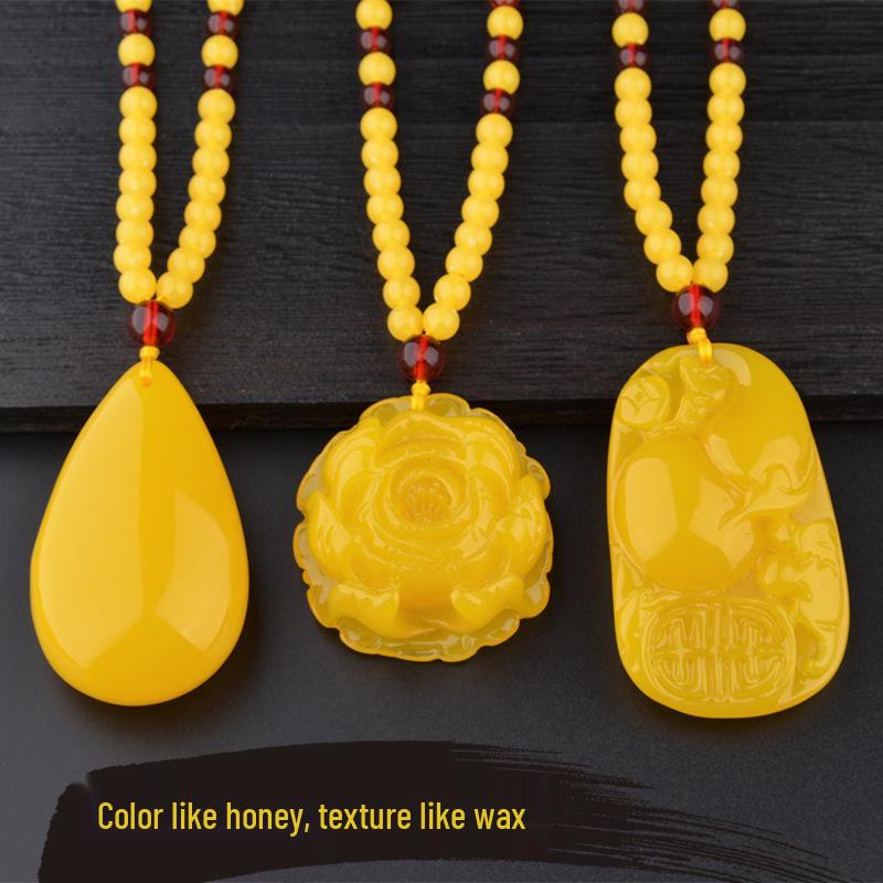 Resin Imitation Beeswax Water Drop Pendant Necklace - Ethnic Style Long Sweater Chain for Men & Women