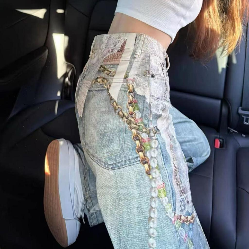 Women's Retro Lace Chain Patchwork 3D Print Jeans 