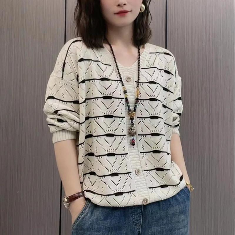 Spring Tops, Trendy Knitwear, Women's V-neck, Loose Belly, Hollow Sweater, Fashion, All-match Temperament, Long Sleeves