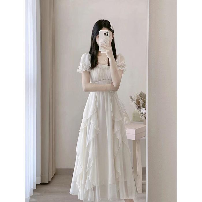 French square collar sweet and gentle fairy style dress women's summer new women's clothing waist thin medium and long skirt