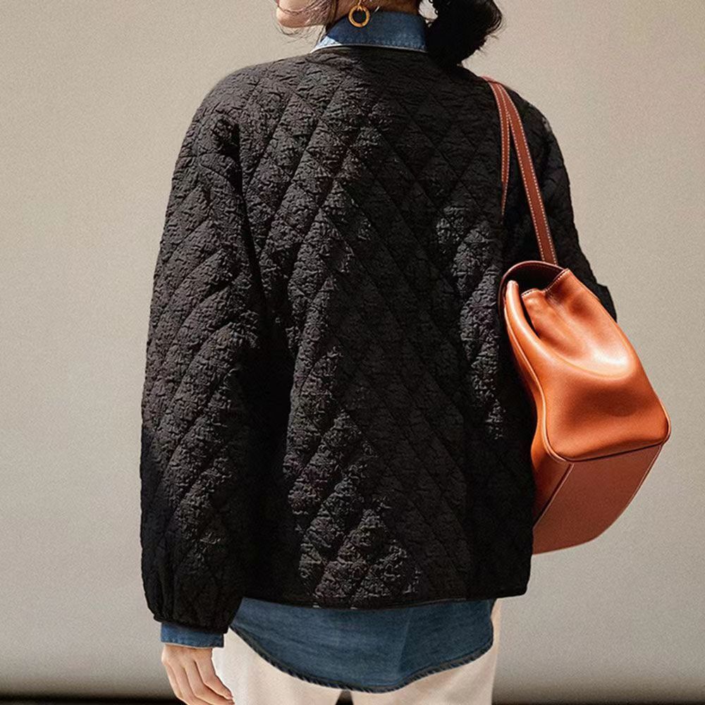 Autumn Winter Women's Short Diamond-Quilted Lightweight Cotton-Padded Coat Designed V-Neck Layering Casual Loose Top