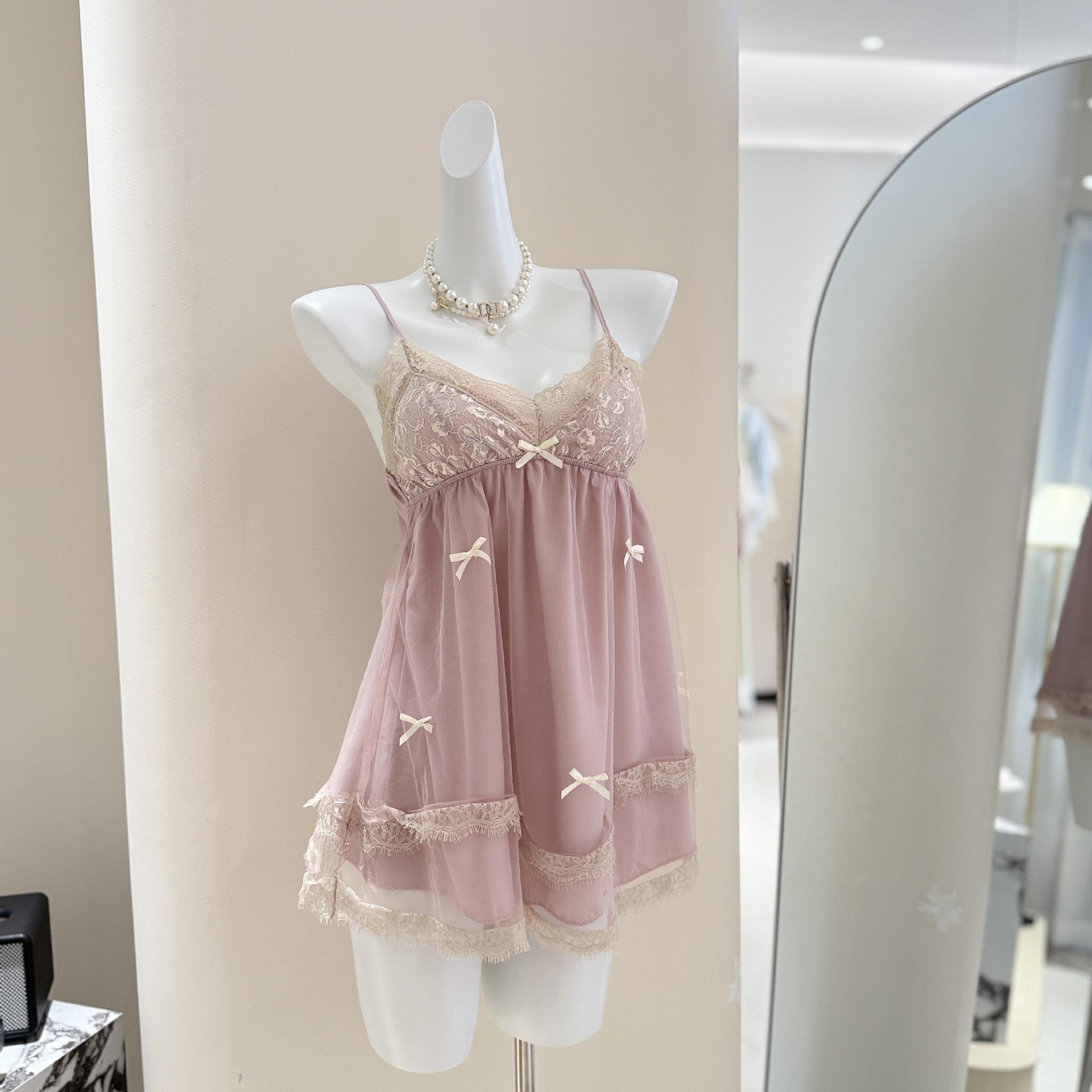 

Pure desire suspender nightdress summer sexy mesh bow female simple and sweet with chest pad One size fits all