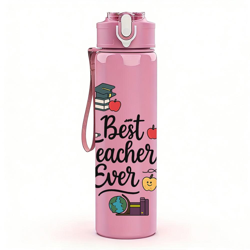 1PC Best Teacher Ever Floral Wreath Text 750ml Color Plastic Water Bottle Leakproof Flip Straw Lid For Sports Office Home Use