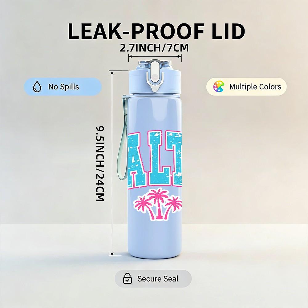 1PC SALTY Palm Tree Retro Text Print 750ml Color Plastic Sports Water Bottle Leakproof Flip Straw Lid Suitable for Sports Office Home Use