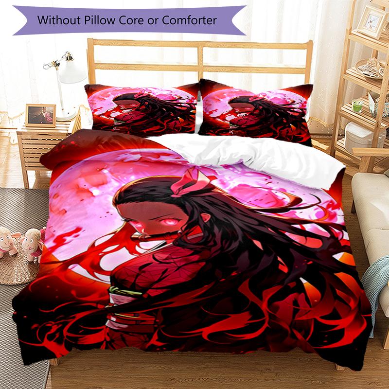 3pcs Demon Slayer Nezuko Pattern Bedding Set Duvet Cover Set Includes Duvet Cover &pillowcases, Perfect All Season Bedroom Decoration & Gift