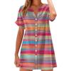 Women Fashion Casual V-neck Short Sleeve Button Stripe Print Dress