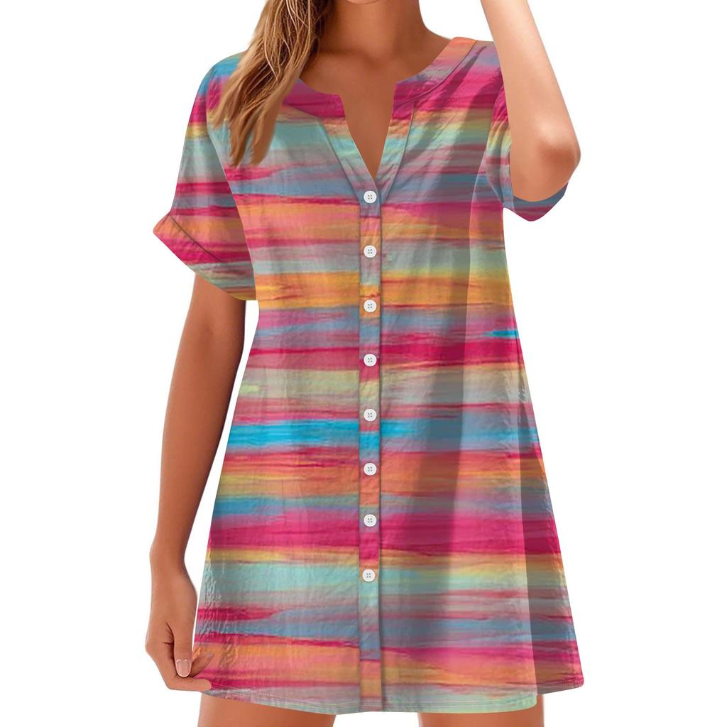 Women Fashion Casual V-neck Short Sleeve Button Stripe Print Dress