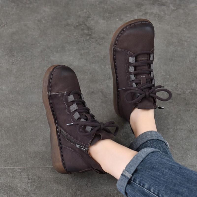 Johnature Genuine Leather Women's Shoes Soft Cowhide Round Toe Retro Soft Soled Flat Short Boots