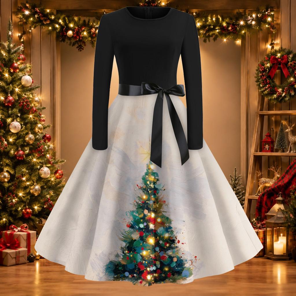 Women's Vintage Christmas Print Round Neck Casual Dress