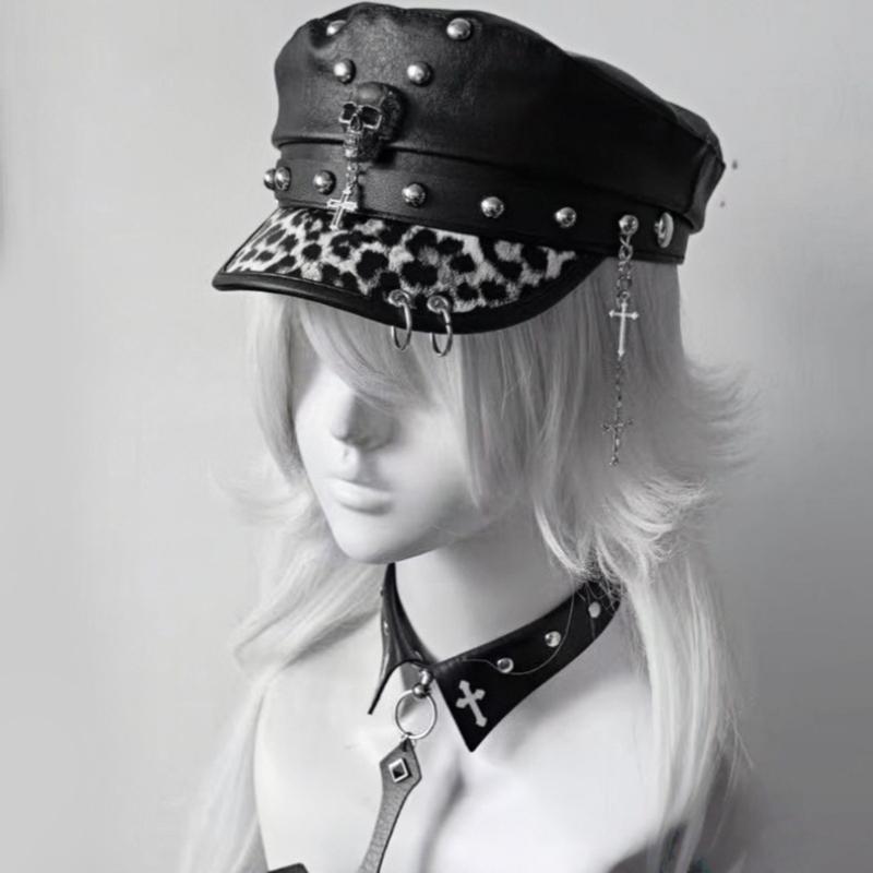 2000s Punk Rivet Studded Cricket Cap With Skull Crossed Decor Beret Hat For Women Western Theme Party Casual Outfit Accessory