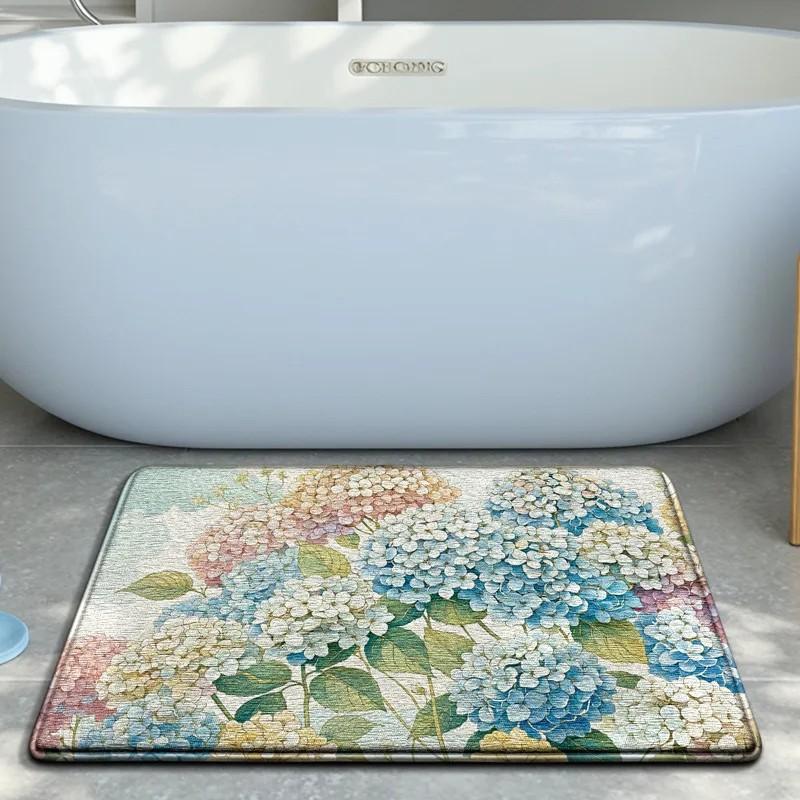 VIKAMA Vintage Hydrangea Floral Bath Mat Non Slip Absorbent Washable Flower Print Floor Rug Bedroom Entrance Home Decor