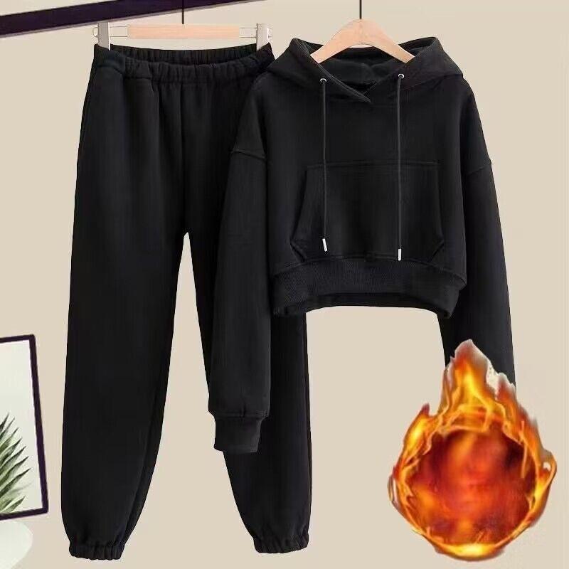 Small Autumn and Winter Casual Fashion Suit Women's Velvet Thickened Hooded Sweatshirt Sweatpants Sportswear Winter Two-piece Set