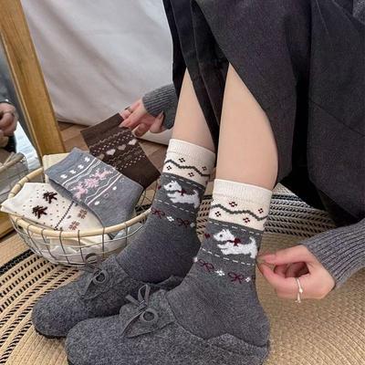 Retro Wool Socks for Women's Autumn and Winter Warmth Thickened Mid-calf Socks, Cute Bow Dog Dui Dui Socks