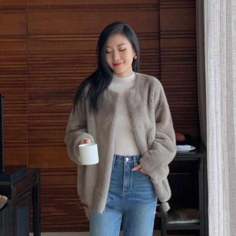 Efterår og Vinter Ny Dame Faux Fur One-piece Rundhalset Frakke