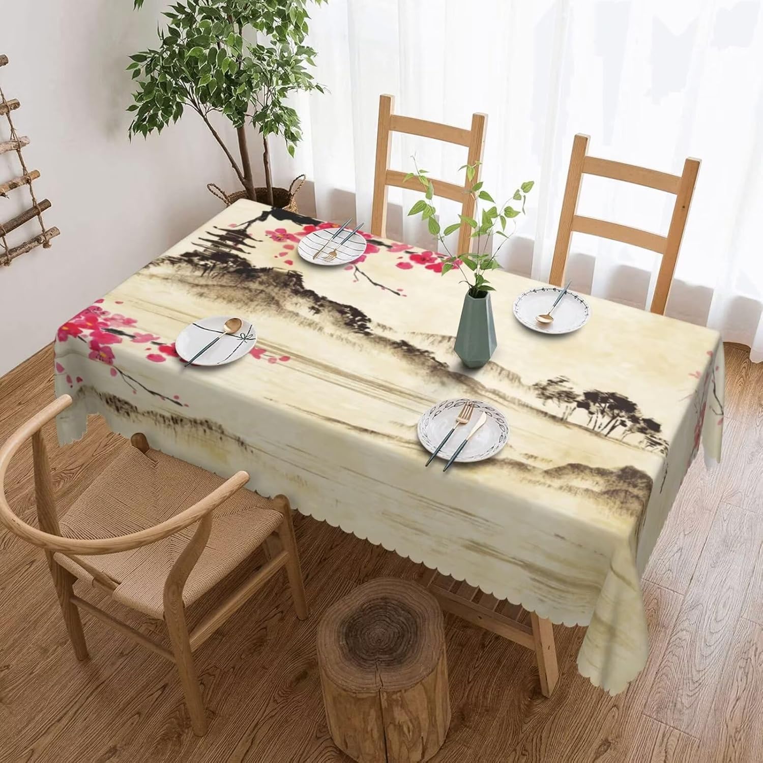 Jmg Household Supplies Unisex Japanese Tablecloth Cherry Blossom Asian Nature Retro Spring Landscape Mountain Table Cover