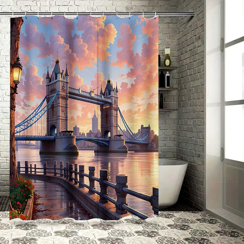 

London Bridge Scenic Shower Curtain For Bathroom Decor - Vibrant Sunset View On Thames River - Waterproof And Durable Fabric W60H190(CM)-1 Pcs