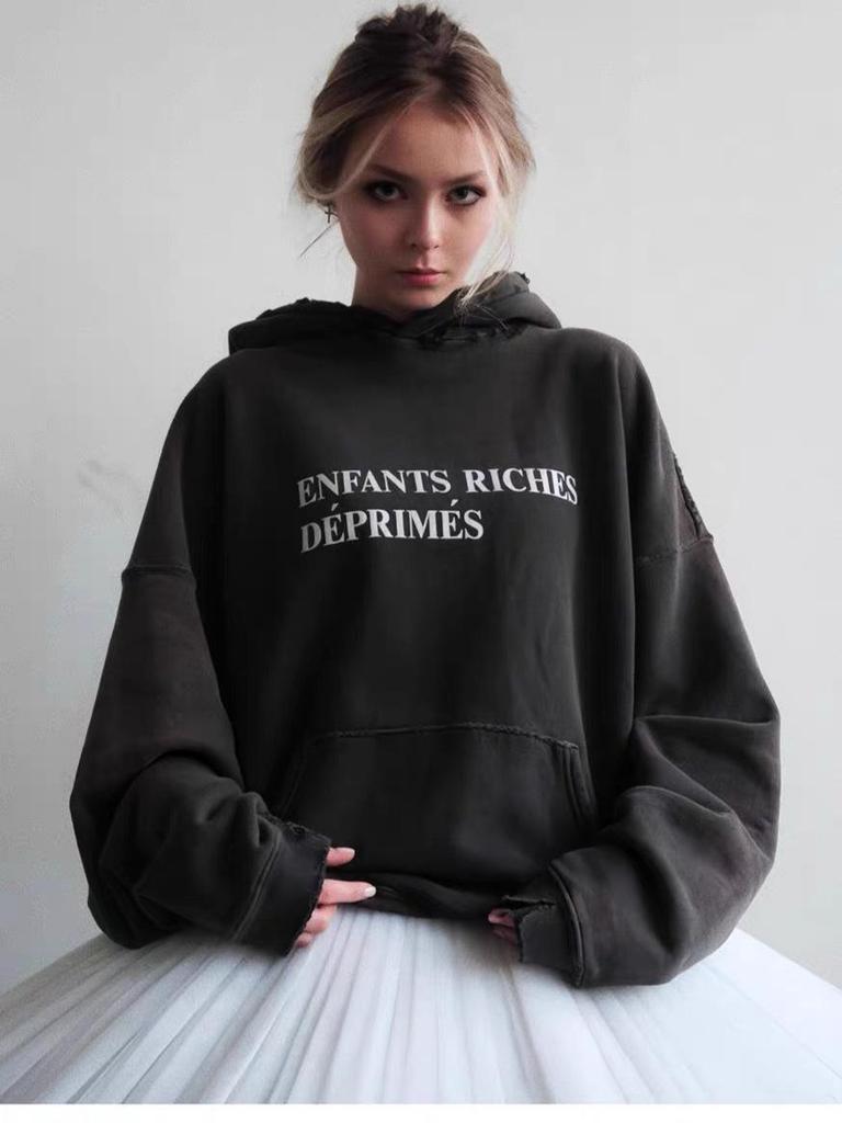 ERD Distressed Second Gen Letter Print Hooded Sweatshirt