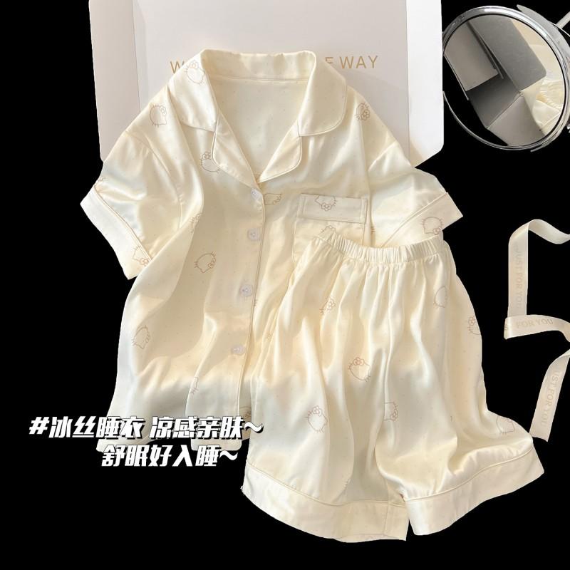 2026 Kids Ice Silk Pajamas Set Girls Cartoon Short Sleeve Shorts Sleepwear Lightweight Breathable Home Wear