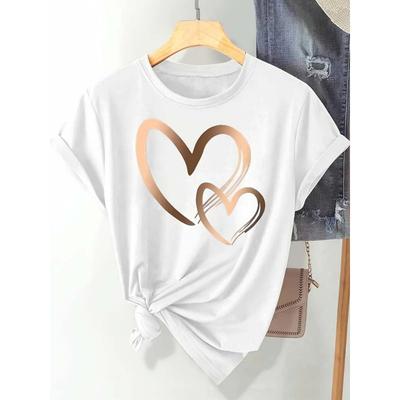 Summer New Fashion Women's Heart Printed T-shirt Trendy Casual Round Neck Top Short Sleeves Women T-shirt Women Clothing