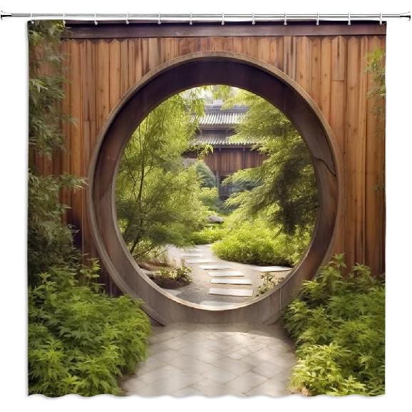 Japanese Shower Curtain Wooden Wall Gate Garden Outside Courtyard Green Plant Rustic Doorway Circle Park Natural Scenery Bathroom Decor Fabric
