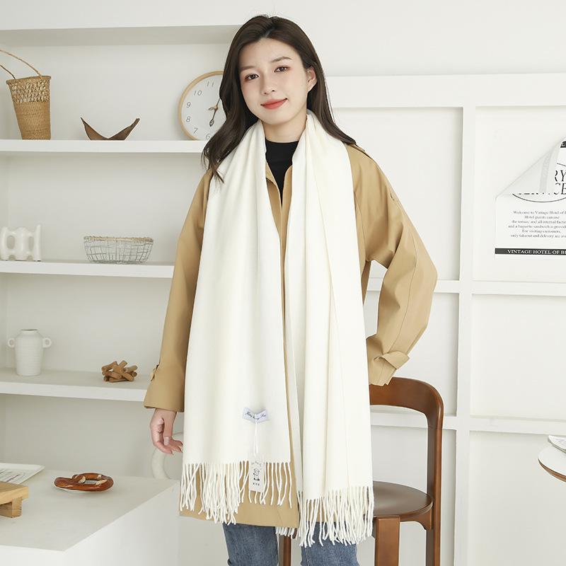 Women's Warm Wool-Feel Faux Cashmere Scarf - Thick, Plain Color Shawl for Autumn/Winter