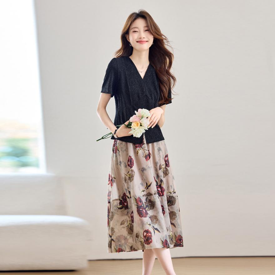 Women's Fashion Suit Skirt Summer New Short-sleeved Sequined Top Shirt with Skirt Two-piece Set