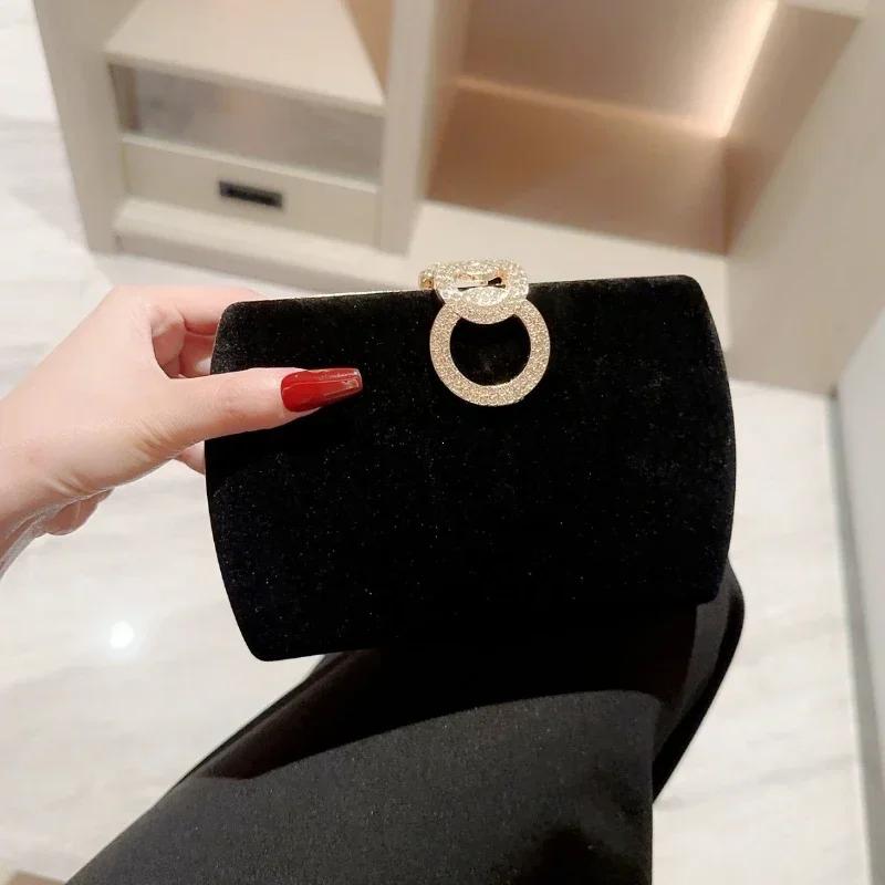 Ladies Autumn Winter Velvet Box Dinner Bag Sparkly Rhinestone Decoration Banquet Bag Clutch Evening Dress Bag Party