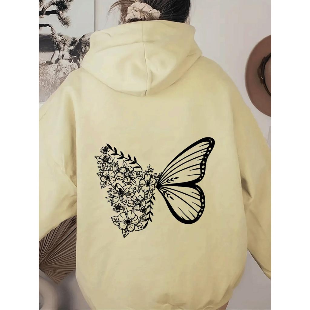 Women'S Fleece Shoulder Sleeve Sweater Letter Print Kangaroo Pocket Drawstring Butterfly Hoodie