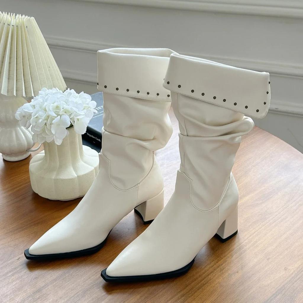 Fashion Autumn Winter Women Boots Point Toe High Heels Retro Ladies High-end Leather Chelsea Boots Platform Mid Calf Boots Female Botas