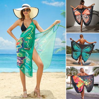 Women Beach Dress Versatile Spaghetti Strap Wrap Skirt Breathable Butterfly Wings Pattern Cover Up Dress Swimsuit Beachwear