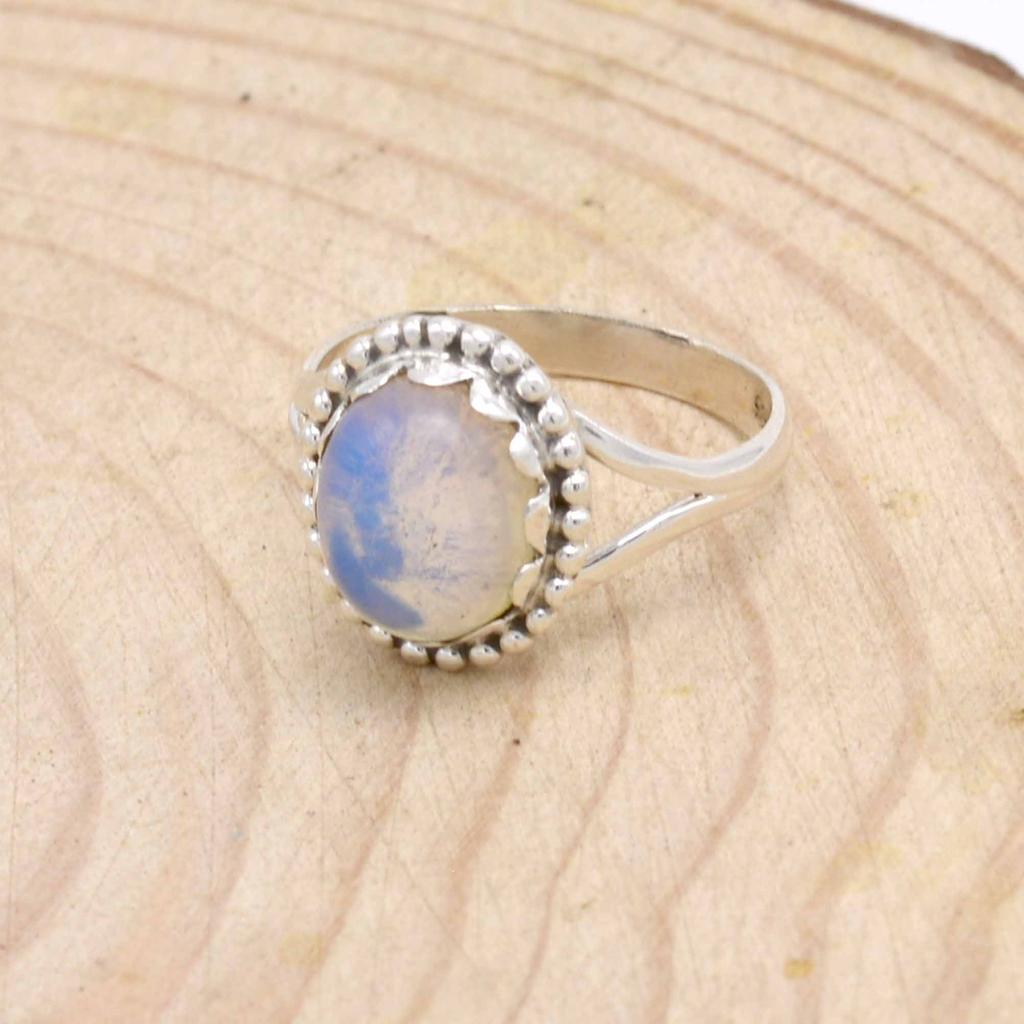 Opalite 925 Sterling Silver Ring, Oval Gemstone Handmade Women Boho Ring Jewelry