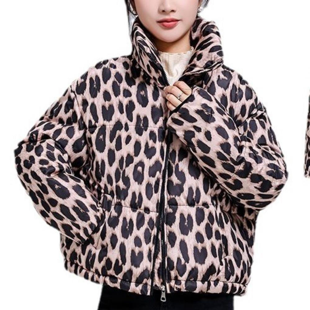 2025 New Short Printed Leopard Print Padded Jacket, Loose and Thickened Foreign Style Stand-up Collar Down Padded Jacket In Winter