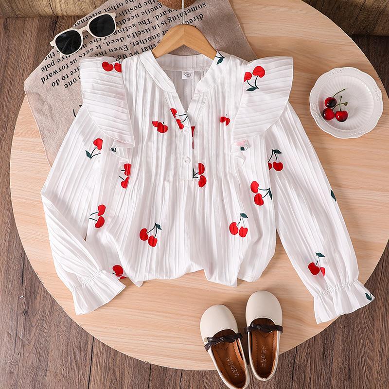 

Детская одежда Осень Новая Модная Милая Рубашка с длинным рукавом для девочек с принтом вишни Топ 12Y белый