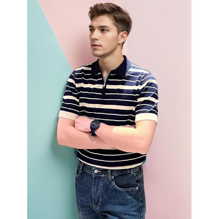 2025 Summer INS Trend Hong Kong Style Wide Stripe Polo Shirt Men's Short Sleeve T-Shirt Casual Versatile Turn-Down Collar Top